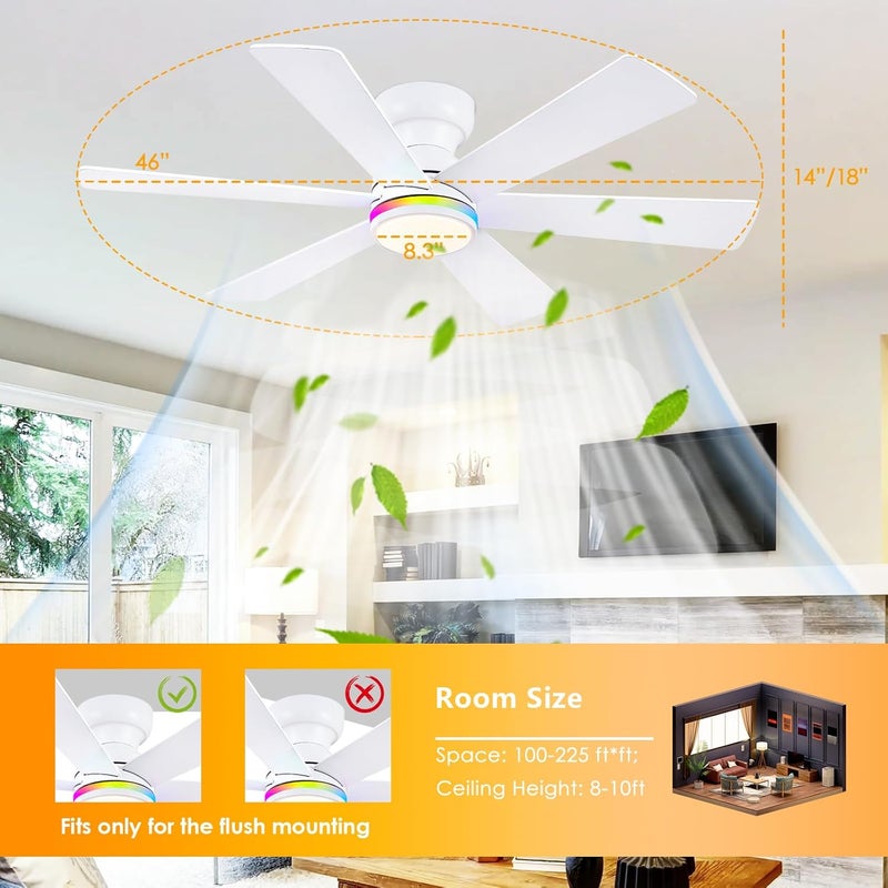 Asyko 46In Flush Mount Ceiling Fans with RGB Light- White Modern Ceiling Fan, Dimmable+3CCT, Quiet Reversible Motor, Low Profile Fan Light for Indoor Bedroom, Kids Room - Image 5